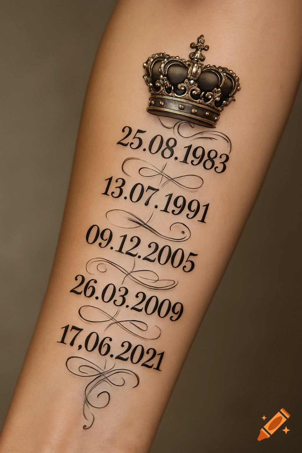 Close-up of an arm with a timeline tattoo featuring five dates and an ornate crown at the top, against a neutral background.