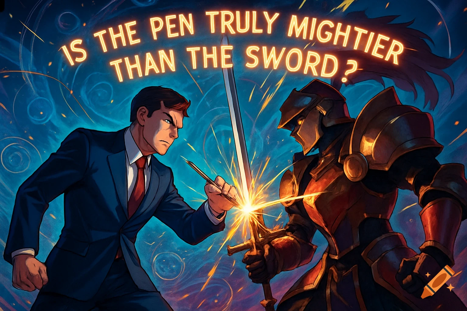 An anime man in a suit clashes a pen with a knight's sword, under the question 'Is the pen truly mightier than the sword?'