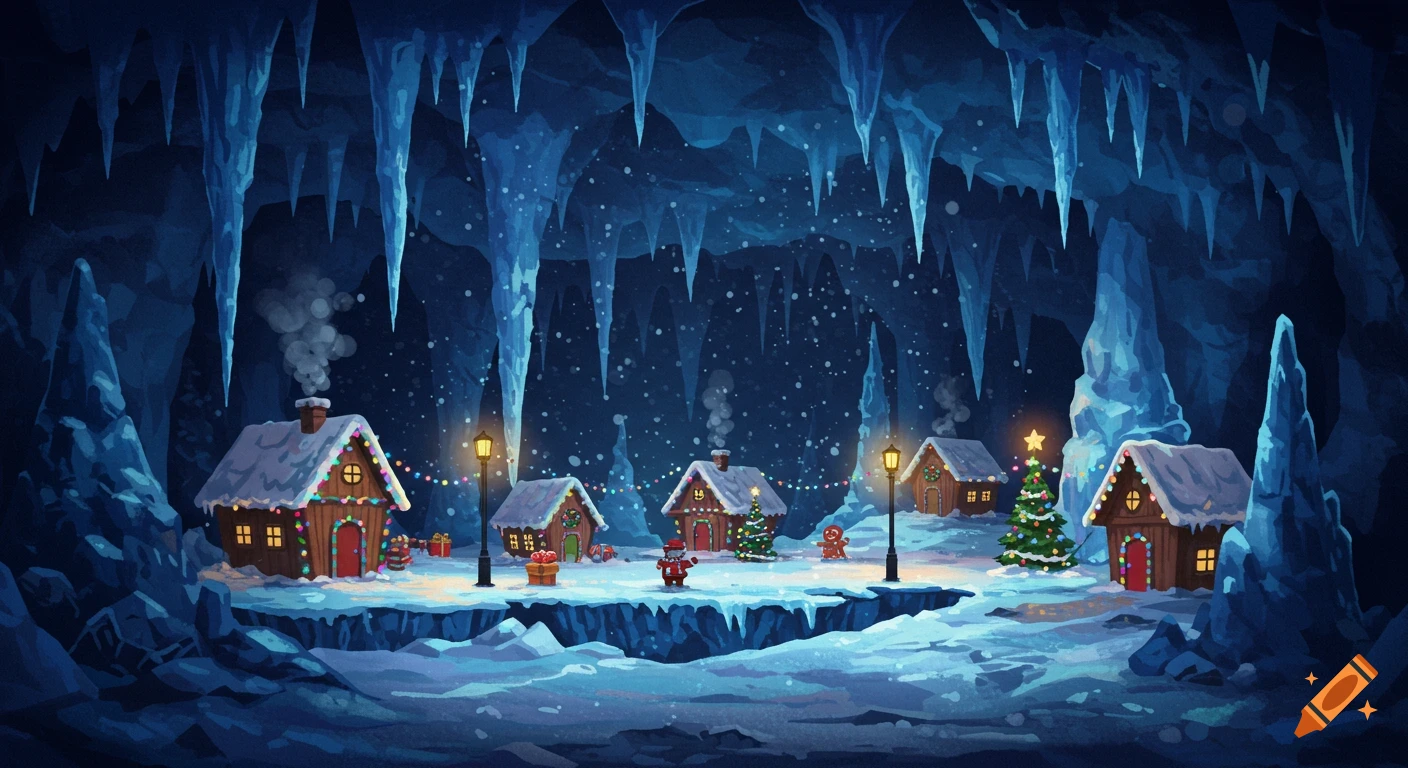 Illustrative view of a festive Christmas village nestled in a snowy, icy underground cave with gingerbread houses and decorated trees.