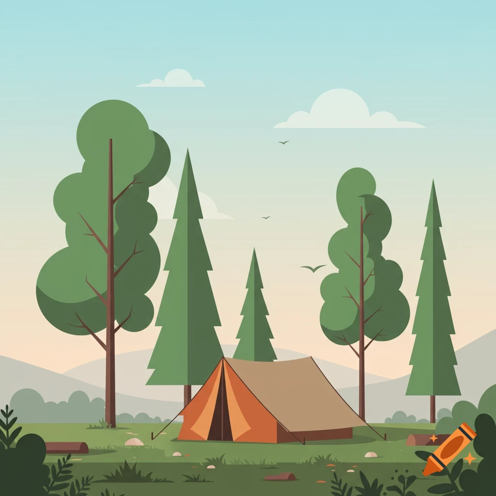 Flat illustration of an orange tent in a green forest with tall trees and distant mountains under a blue and orange sky.