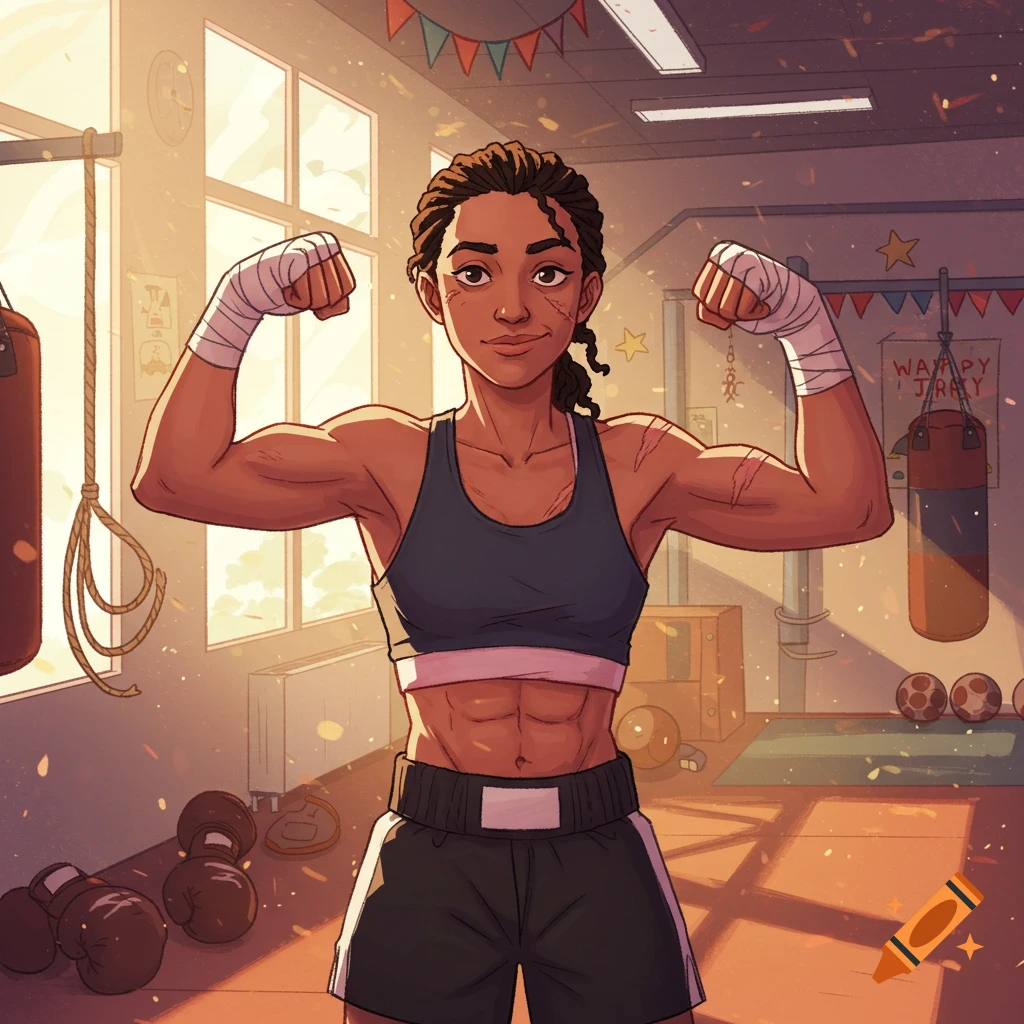 A strong female boxer with scarred biceps flexes in a sunny gym, in a cartoon style.