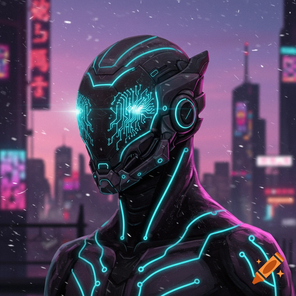 A close-up of a black robot with glowing blue circuit patterns on its head and body, in a snowy cyberpunk city with neon-lit buildings.