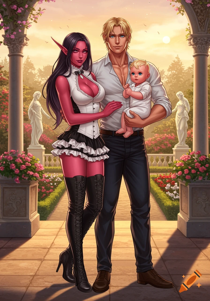 An elf woman with red skin, a man, and a baby stand in a lush garden with classical architecture and statues.