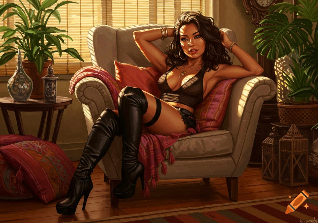 An illustrated Latina woman in a black top, short shorts, and thigh-high boots lounges in a sunlit armchair.
