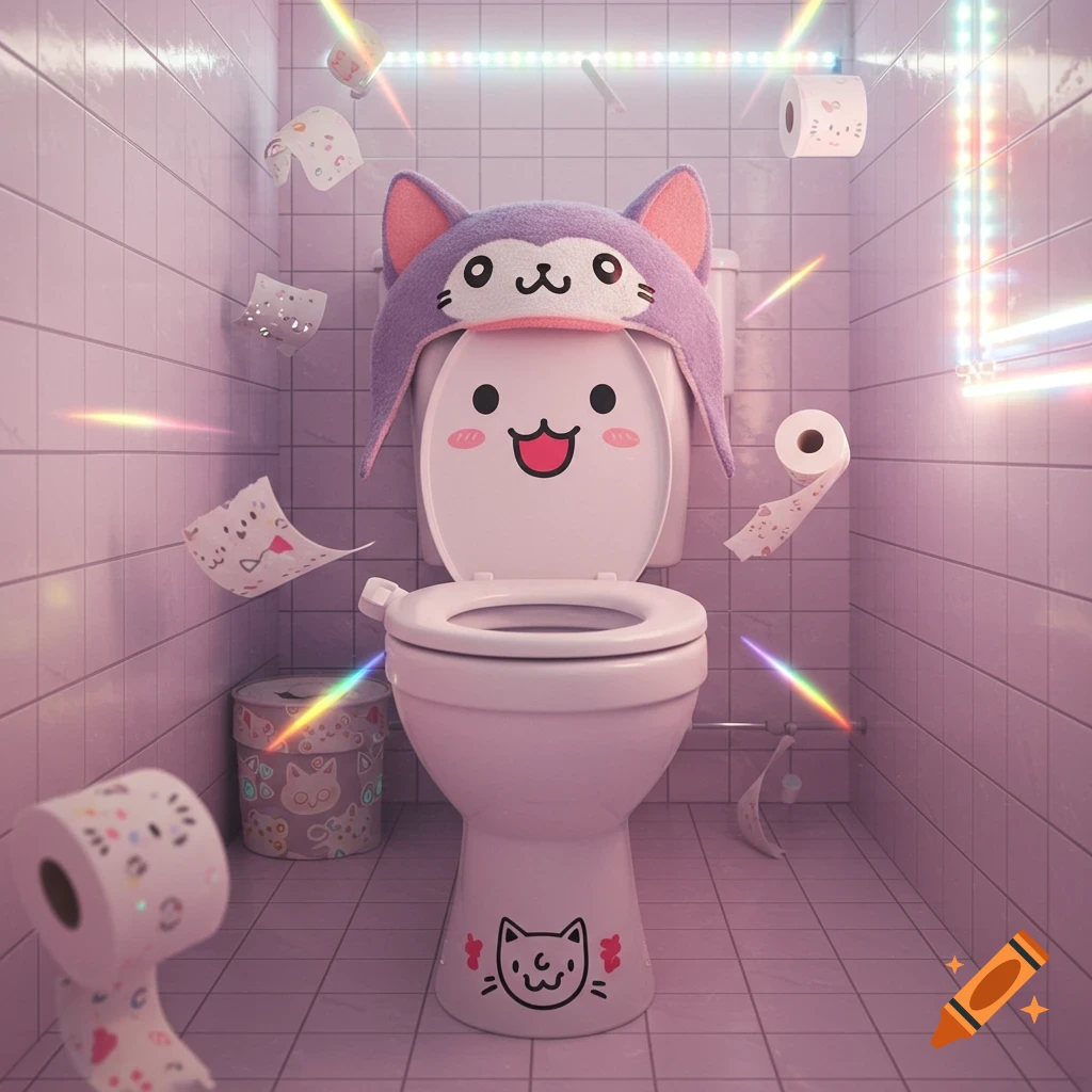 A cartoonish toilet with a purple cat hat and a smiling face in a pink tiled bathroom with floating toilet paper and rainbow light effects.