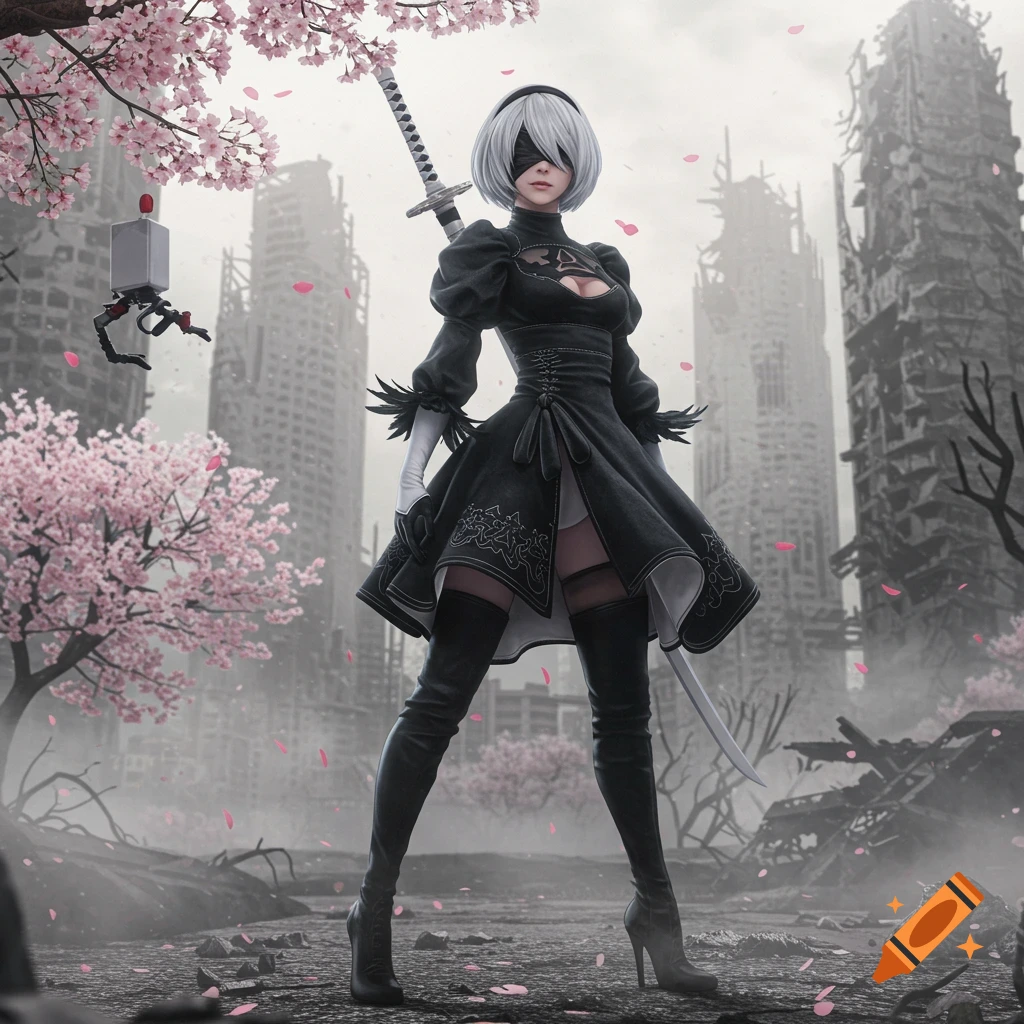A photorealistic depiction of 2B from Nier Automata, with white hair and a black dress, standing in a ruined city with cherry blossoms.
