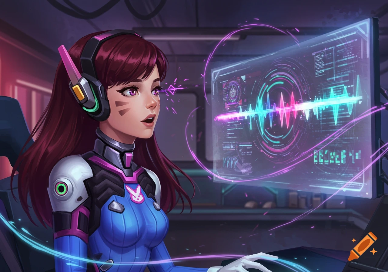 D.Va from Overwatch with headphones, looking at a holographic screen displaying a colorful sound wave and data, in an anime art style.