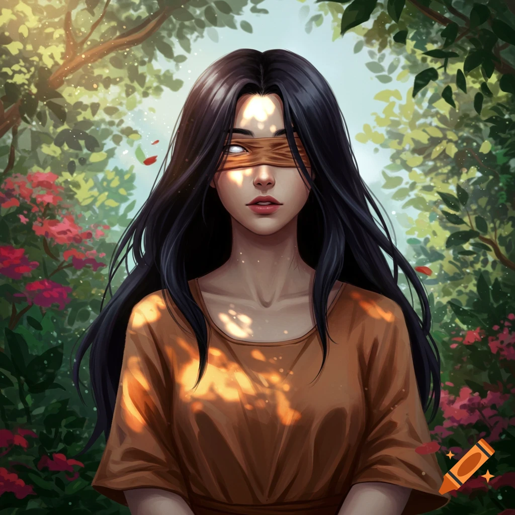 Digital painting of a blindfolded woman with long dark hair, wearing a brown shirt in a sun-dappled forest with red flowers.