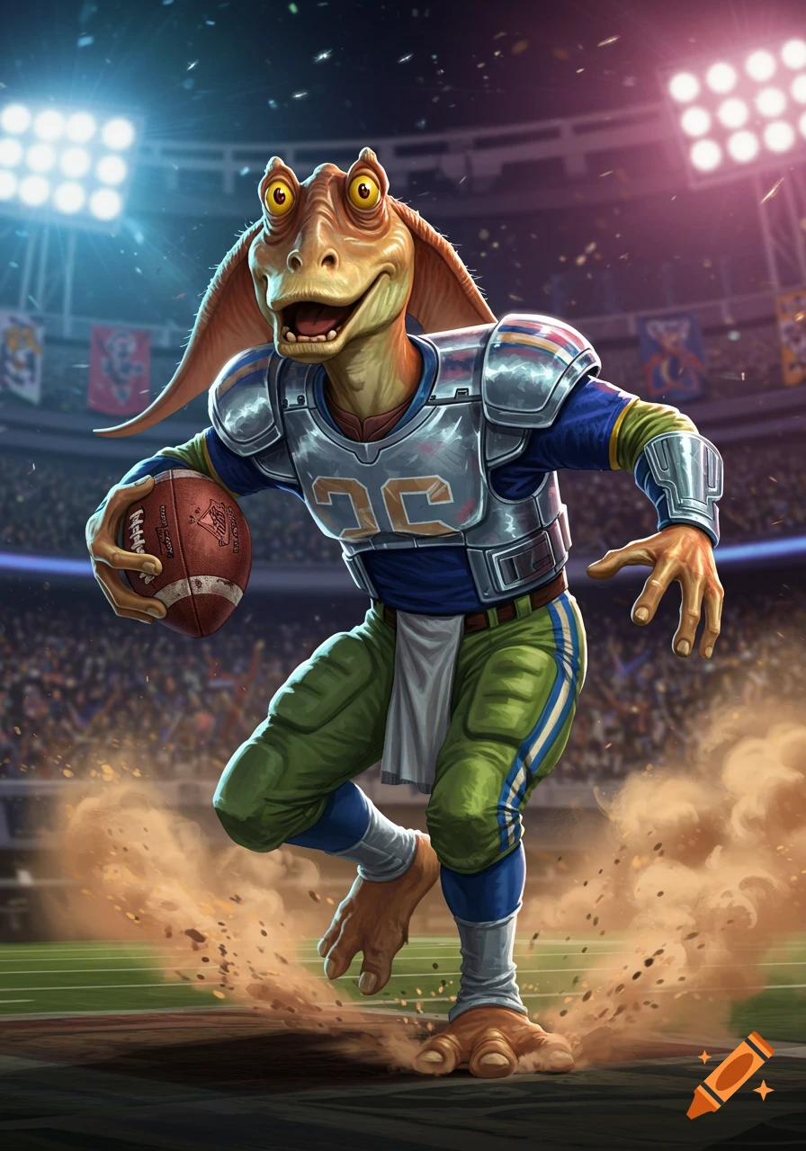 Jar Jar Binks in football pads, holding a football and running on a stadium field with dirt kicking up. Dynamic digital art.