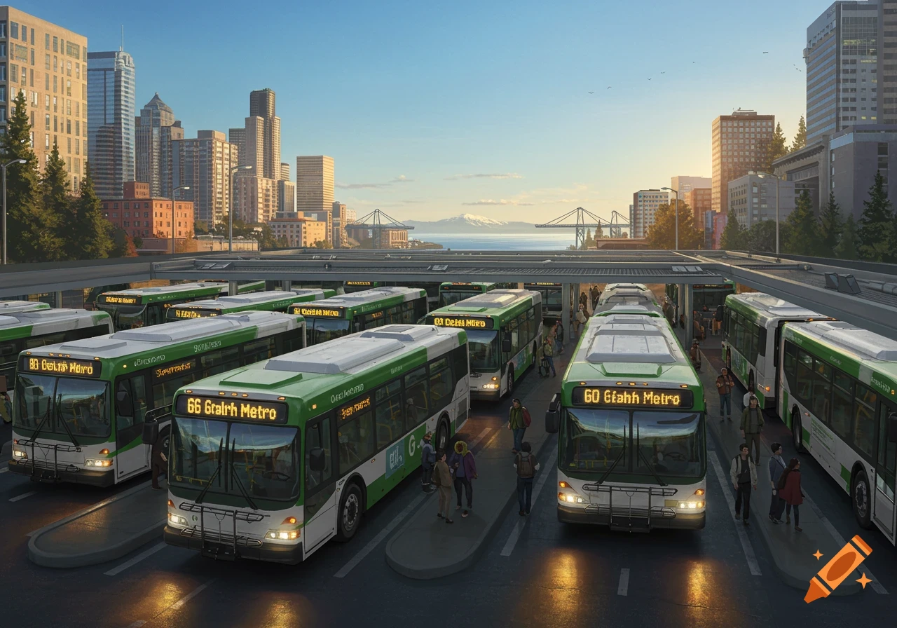 A busy bus terminal with multiple green and white King County Metro G Line buses parked under a light rail bridge, with a city skyline, water, and mountains in the background at sunset.