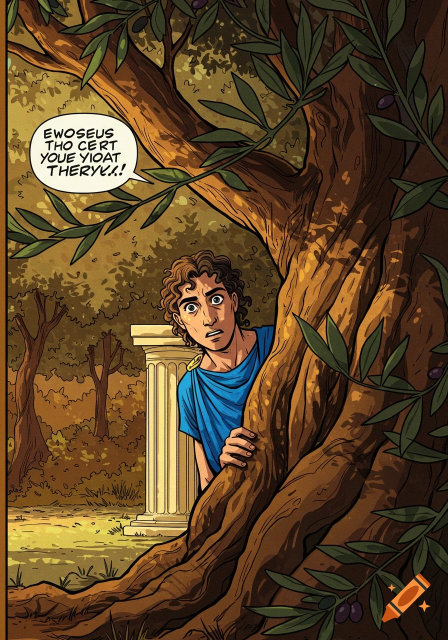 Comic drawing of a surprised young man in a blue tunic peeking from behind a large tree.
