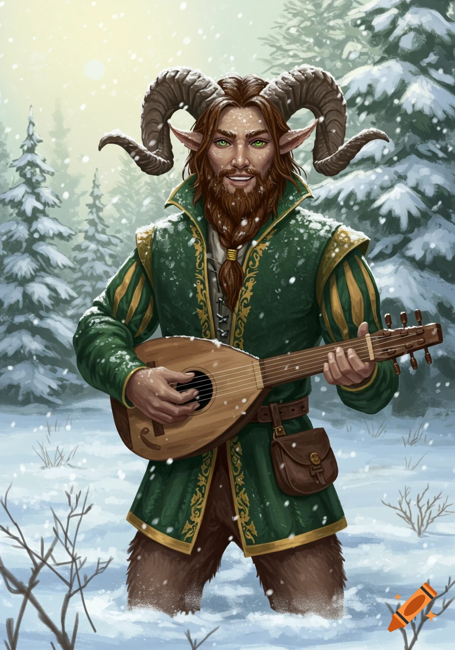Smiling satyr bard with ram horns and goat legs playing a lute in a snowy forest, wearing a green and gold tunic.