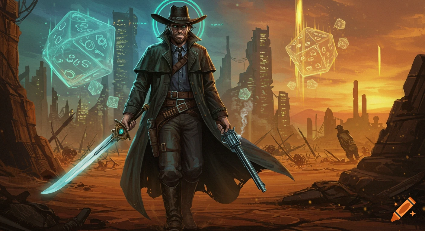 A cyberpunk cowboy stands in a ruined desert city with glowing dice floating around, holding an energy sword and a revolver.