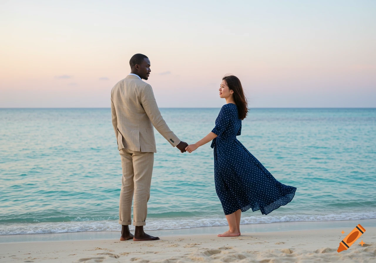 A Kenyan man in a linen suit and a Japanese woman in a polka dot dress hold hands on a beach at sunset.