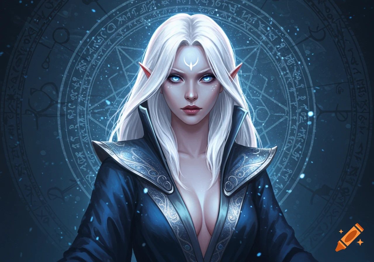 A fantasy portrait of an elf-like female wizard with long white hair, blue eyes, and pointed ears, wearing a dark blue robe showing cleavage, against a background of magical symbols and glowing particles.