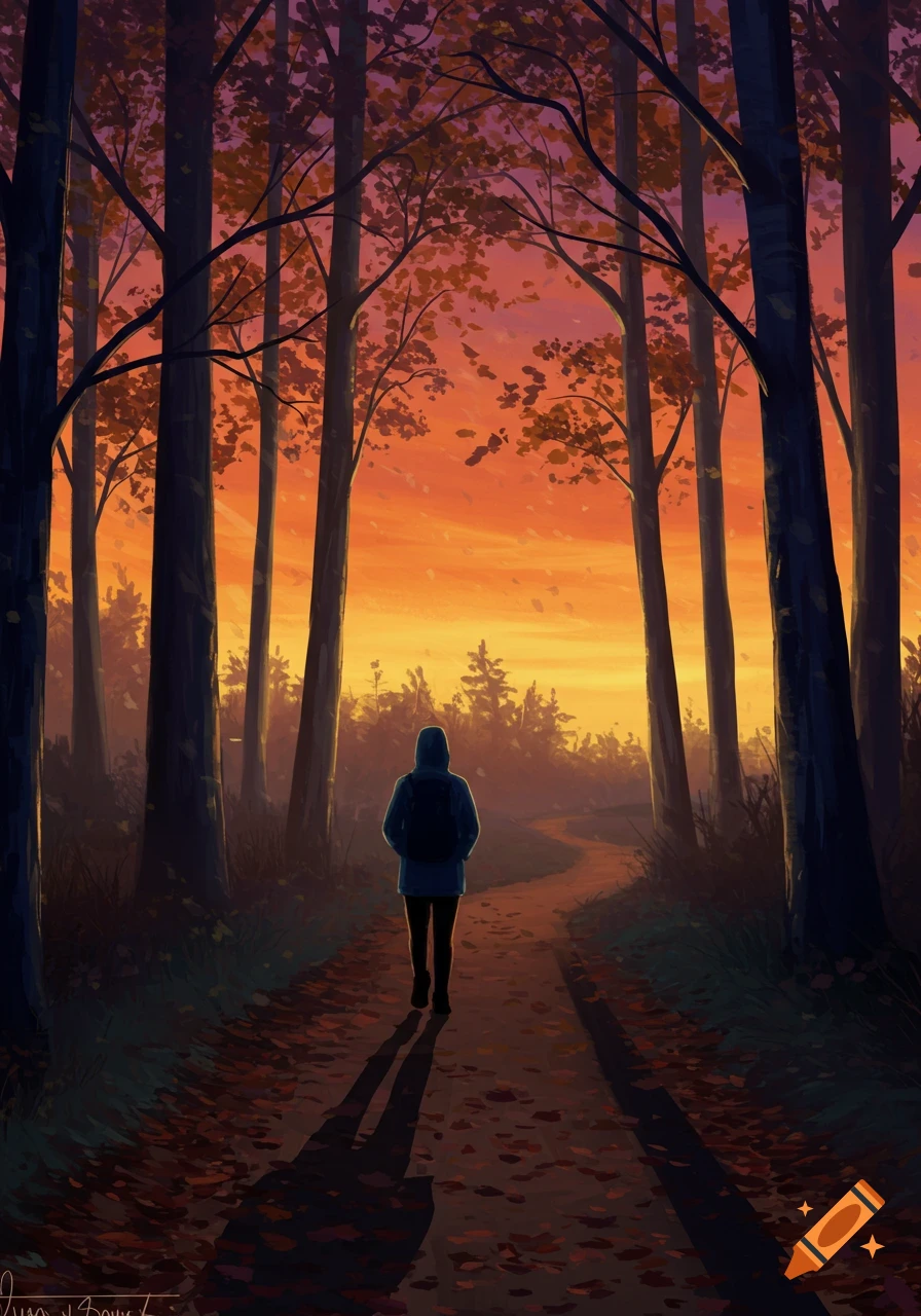 Illustrated digital painting of a person walking on a forest path during a vibrant orange and yellow sunset.