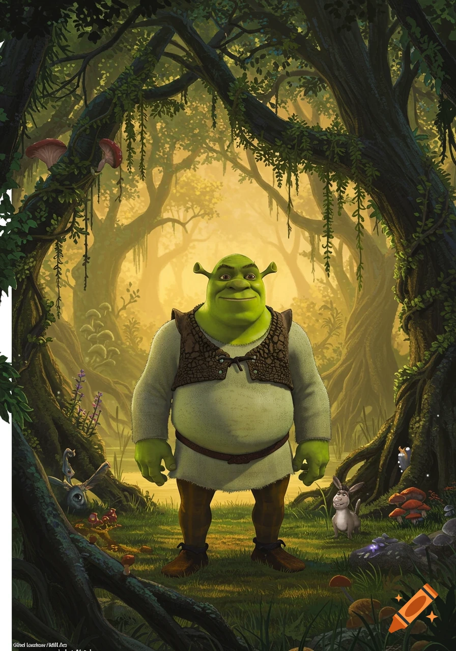 Shrek, a green ogre, stands smiling in a vibrant, mystical forest with lush trees and mushrooms. A small donkey stands nearby.