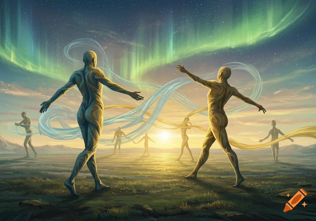Stylized nude figures with swirling ribbons in a surreal landscape under an aurora-lit sky at sunrise.