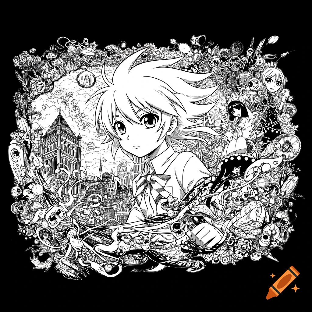A detailed black and white anime illustration of a character with spiky hair surrounded by a chaotic mix of buildings, creatures, and abstract elements.