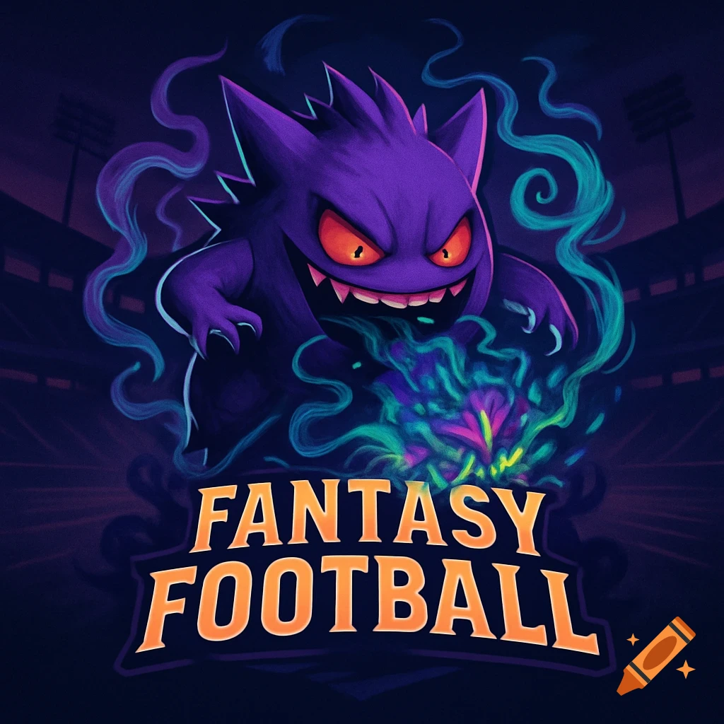 Stylized purple Gengar emitting green and purple smoke with 'FANTASY FOOTBALL' text below, against a dark stadium background.