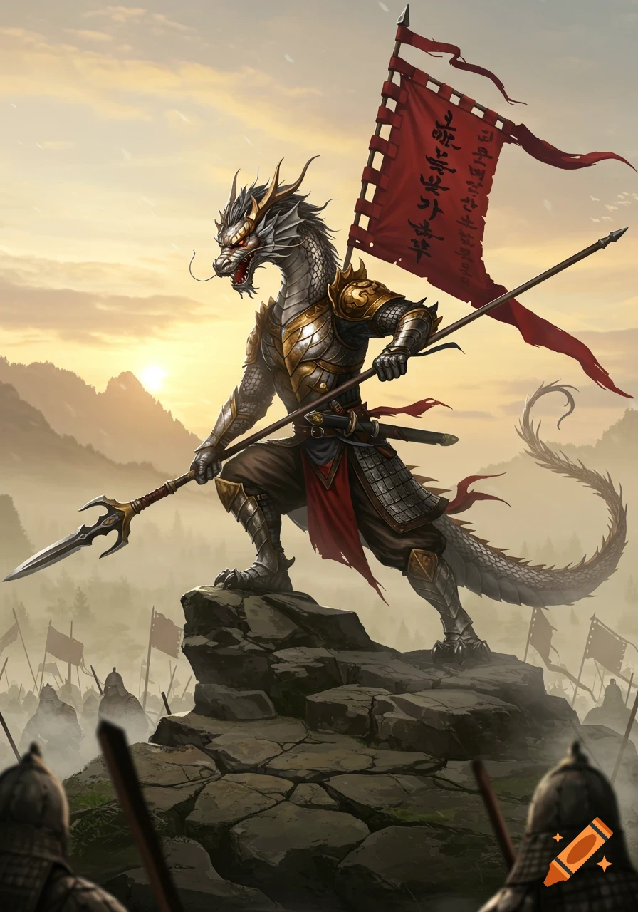 An armored dragon warrior with red eyes and golden details stands on a rock, holding a spear and a red banner, overlooking a battlefield at sunset.