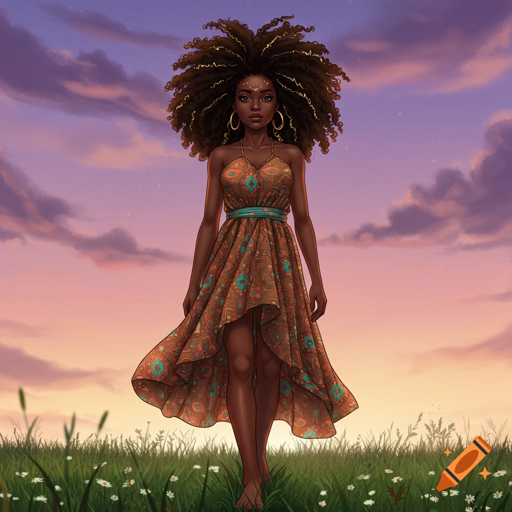 A beautiful Black woman with a large curly afro, wearing a patterned dress, walks through a grassy field at sunset. Digital art.