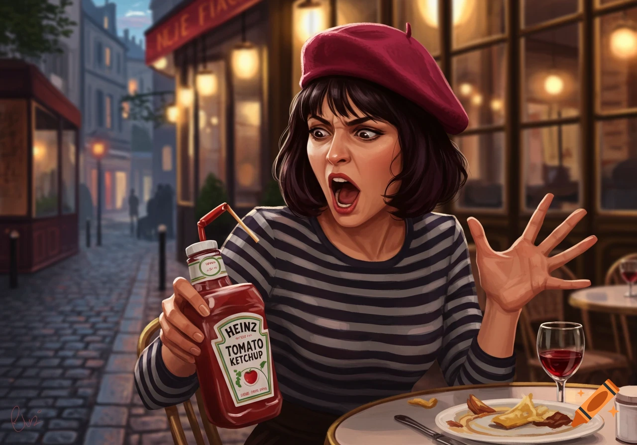 A French woman in a beret and striped shirt screams at a bottle of Heinz ketchup in an outdoor cafe setting. An unfinished meal and wine glass are on the table.