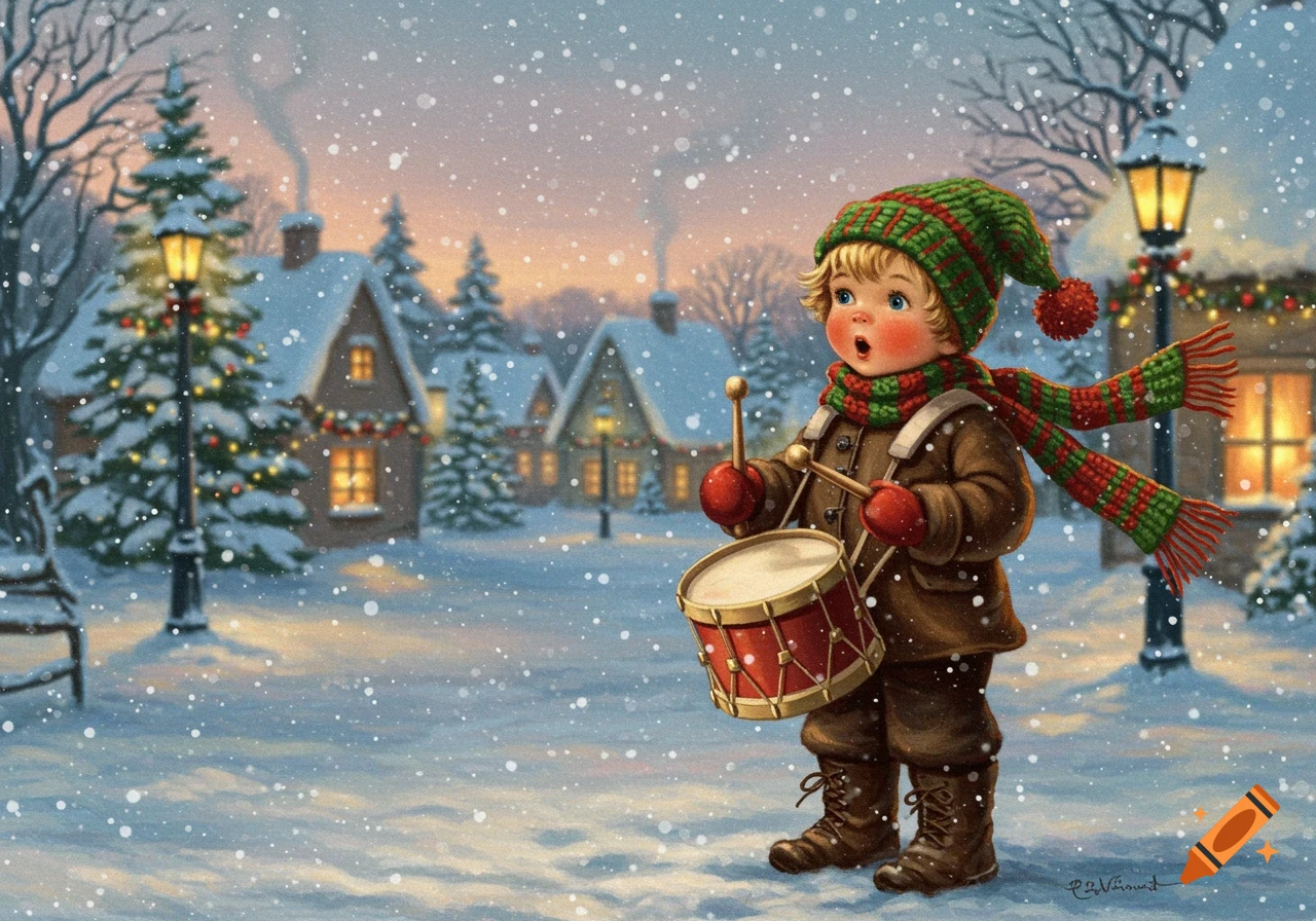 A boy in a green and red hat and scarf plays a drum in a snowy village scene with Christmas trees and lights, illustration.