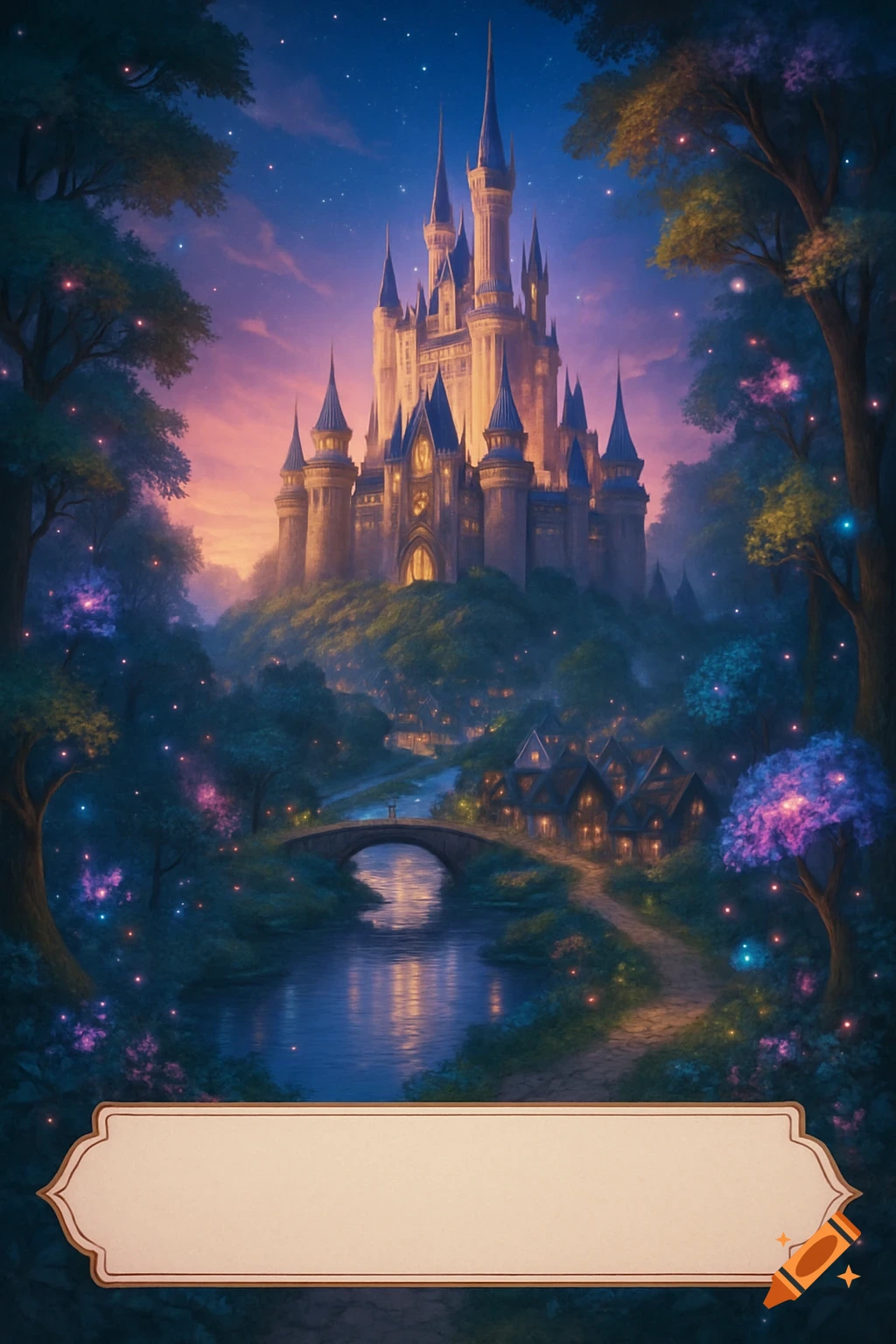 Magical castle on a hill illuminated at dusk, surrounded by glowing trees, a river, and a village, with a banner for text.