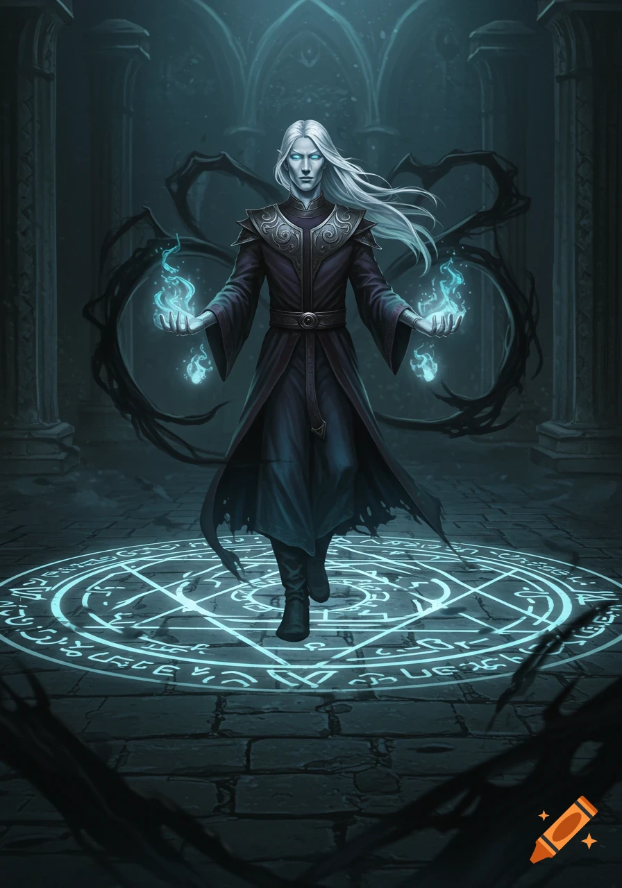 A pale-skinned wizard with white hair and glowing eyes stands in a dark hall, casting blue flame spells from a glowing magic circle.