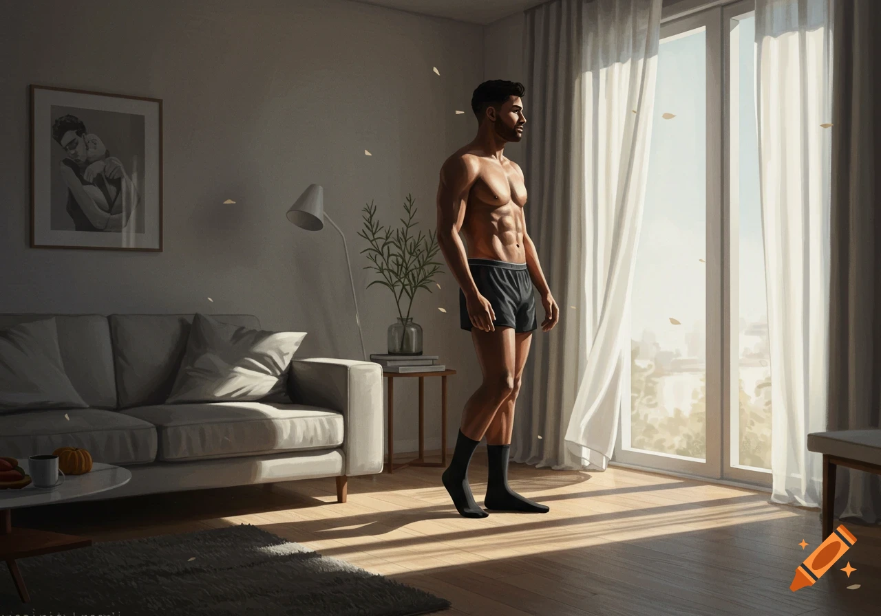 A muscular man in boxers and socks stands shirtless in a sunlit room, looking out a large window.