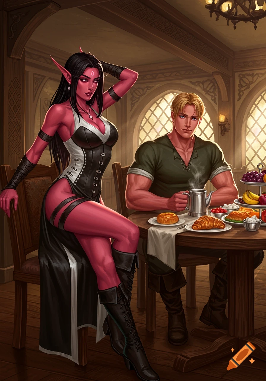 Red-skinned female elf in a corset and a blond man have breakfast in a fancy tavern, fantasy art style.