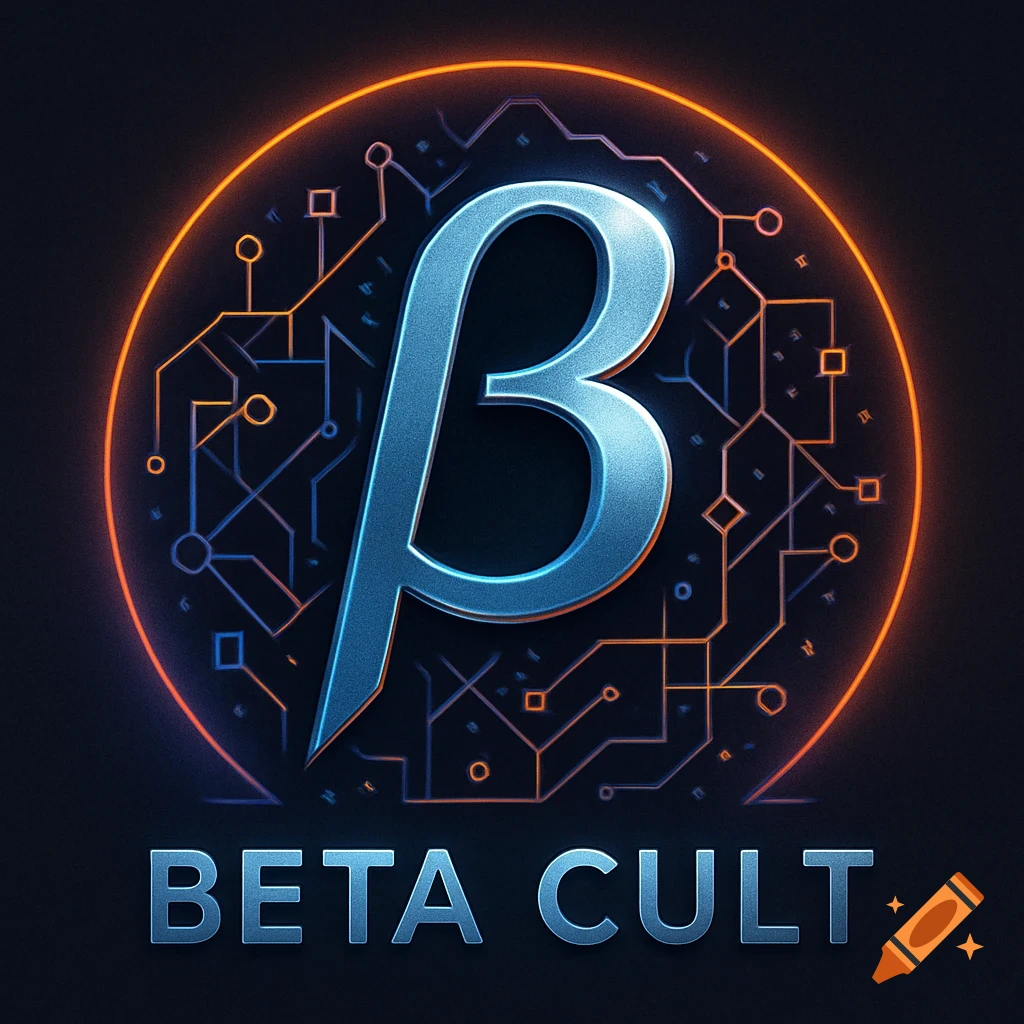 Digital logo featuring a metallic blue Beta symbol within a glowing orange circuit board circle, with 'BETA CULT' below.