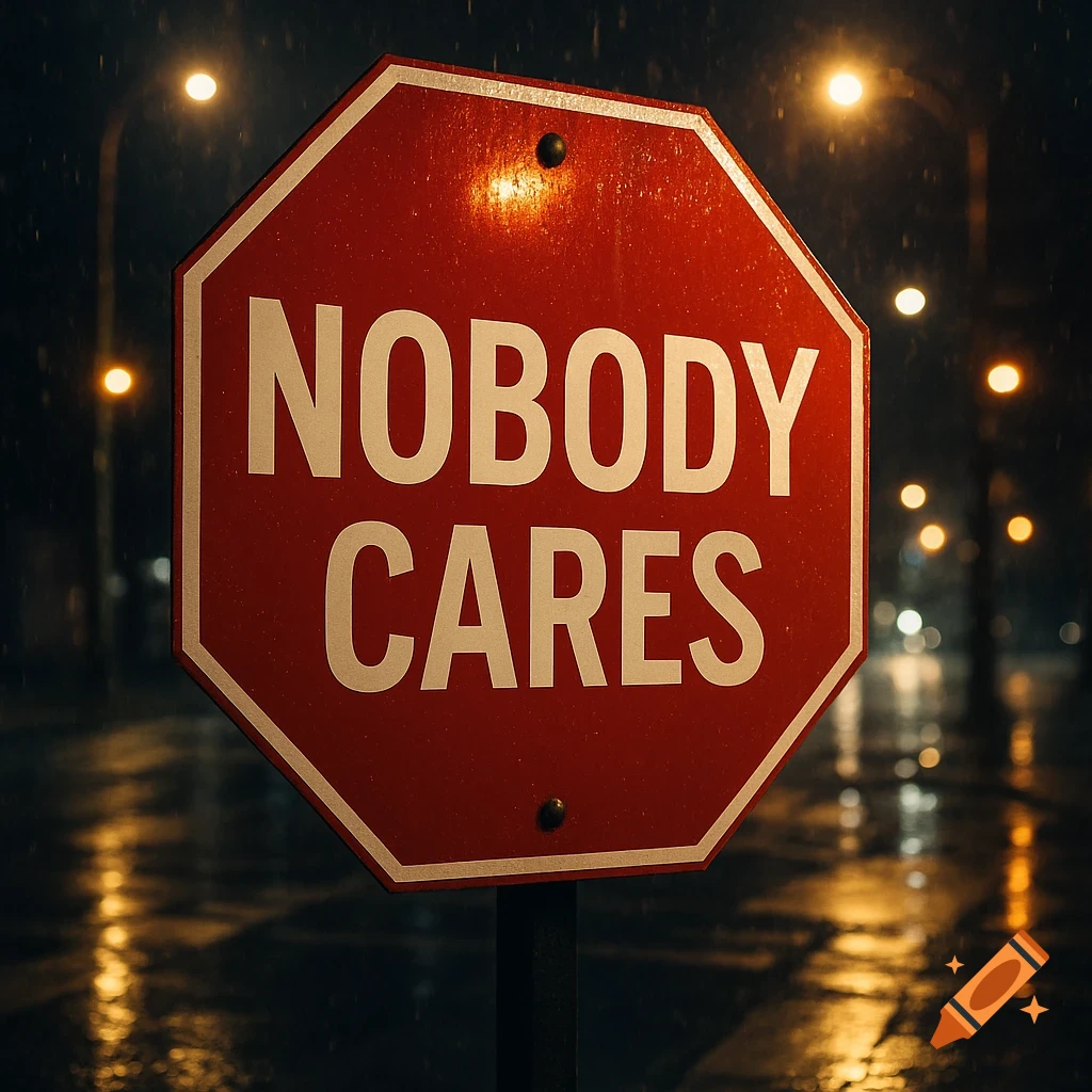 A red stop sign with the words NOBODY CARES in white, illuminated by streetlights on a wet urban street at night.