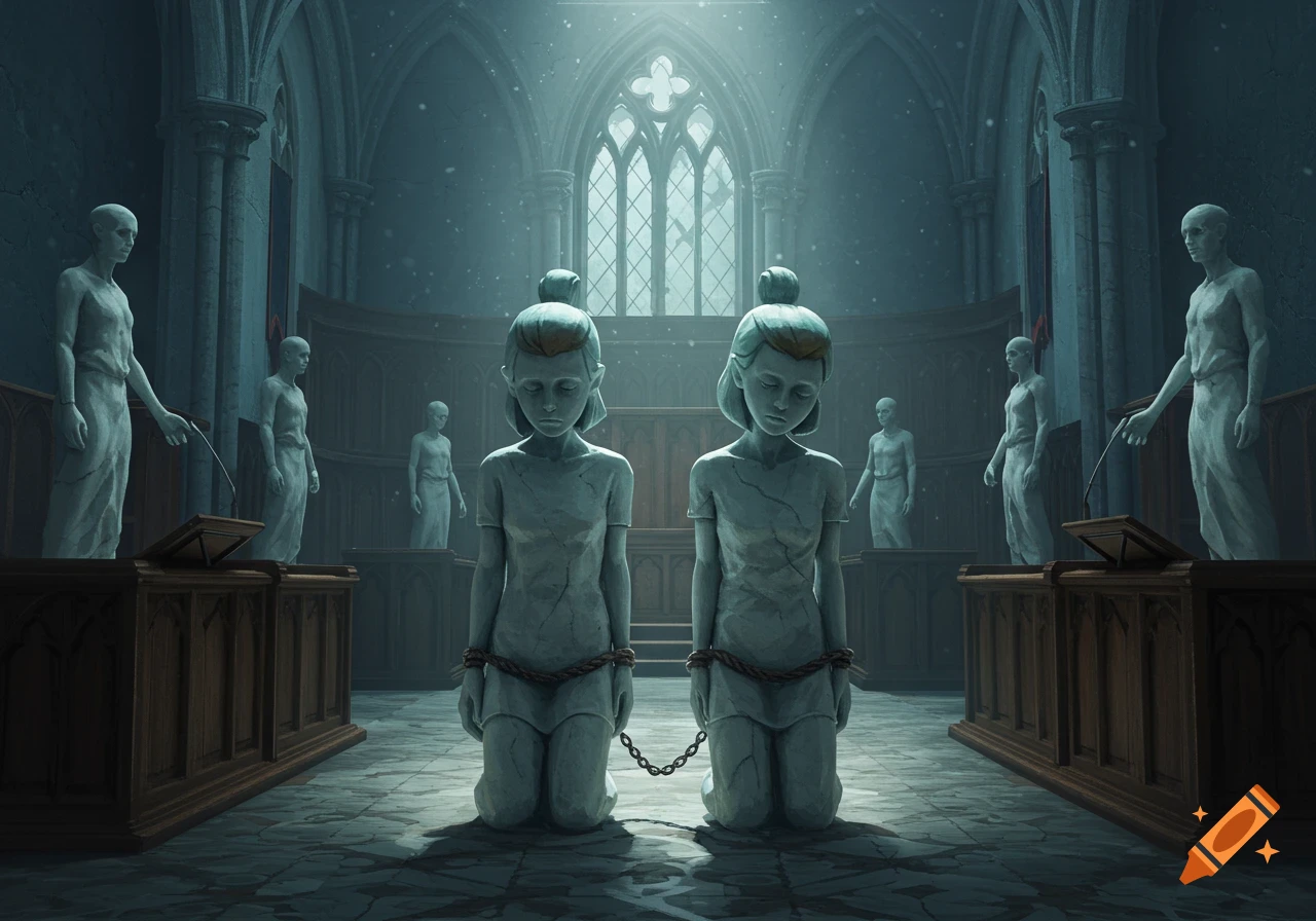 Two chained statues of young women kneel in a dimly lit gothic courtroom, surrounded by other statues.
