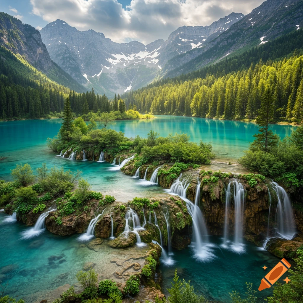 Photorealistic mountain landscape with a turquoise lake, dense forests, snow-capped peaks, and cascading waterfalls.