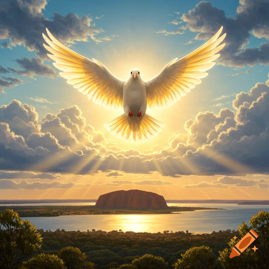 A radiant white dove with golden wings descends from a sunlit sky over Uluru and a reflective lake at sunset.