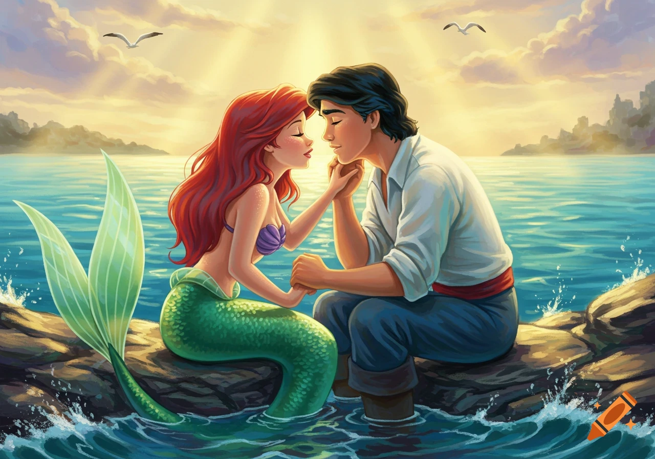 Ariel the mermaid and Prince Eric hold hands on a rock at sunset in an animated style.