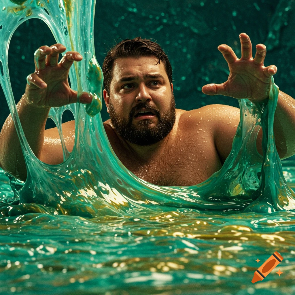 A photorealistic image of a bearded man's upper torso emerging from green and gold slime, looking distressed with hands outstretched.