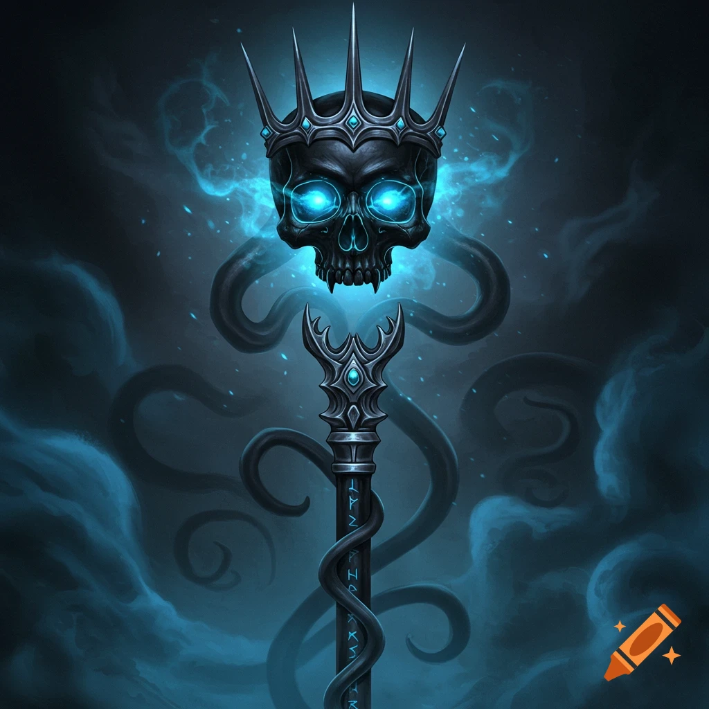 Dark fantasy skull scepter with glowing blue eyes and crown, surrounded by tendrils and magical energy.