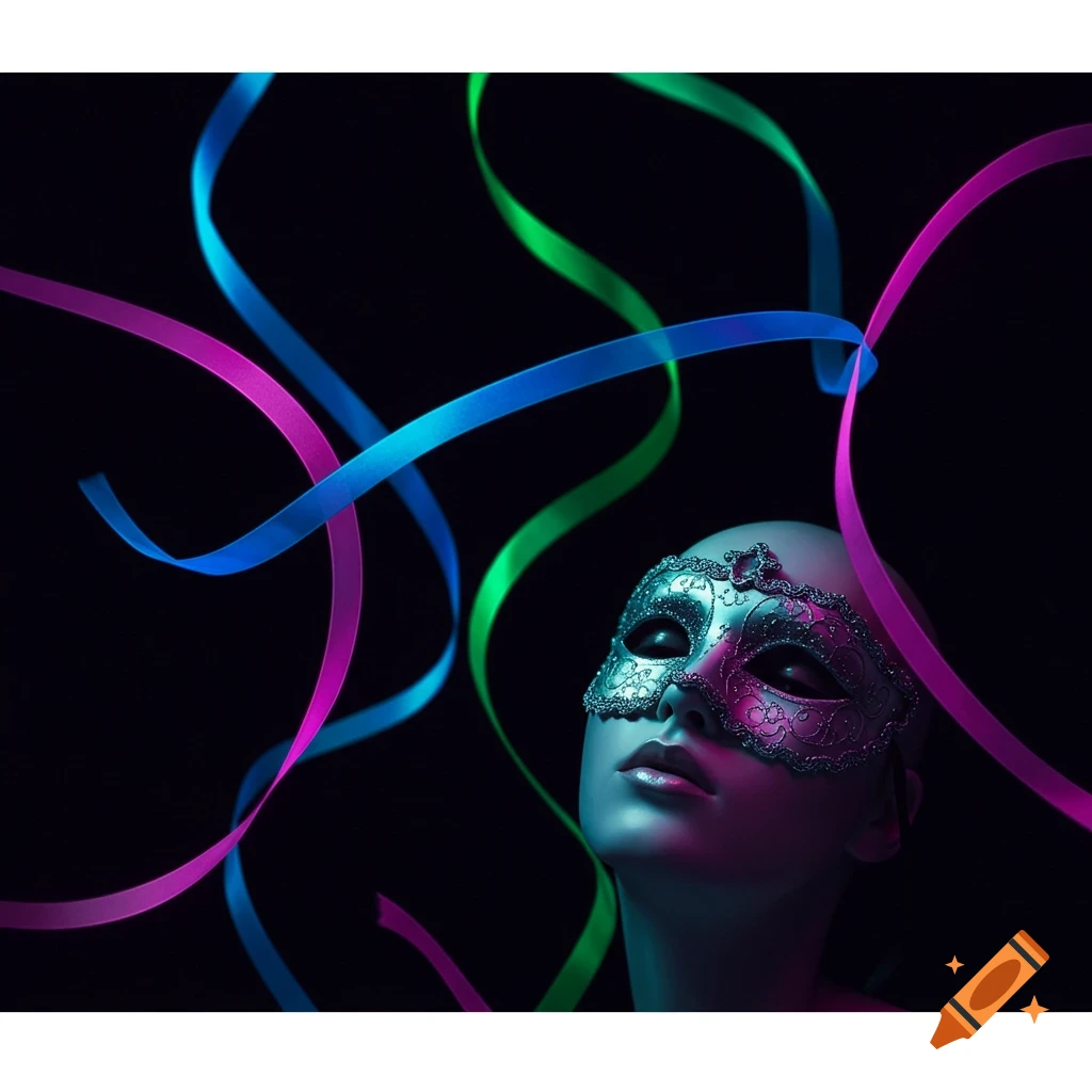 Silver masquerade mask on a mannequin face, surrounded by vibrant blue, green, and magenta ribbons on a dark background.