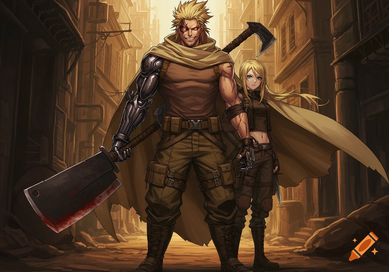 Anime style illustration of a man with a prosthetic arm and a woman, both armed, standing in a ruined city.