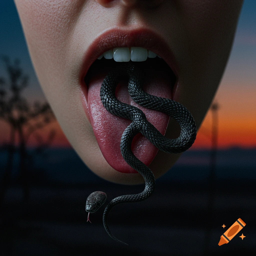 Close-up of a person's open mouth with a black snake curled around and emerging from their tongue, set against a blurry sunset.