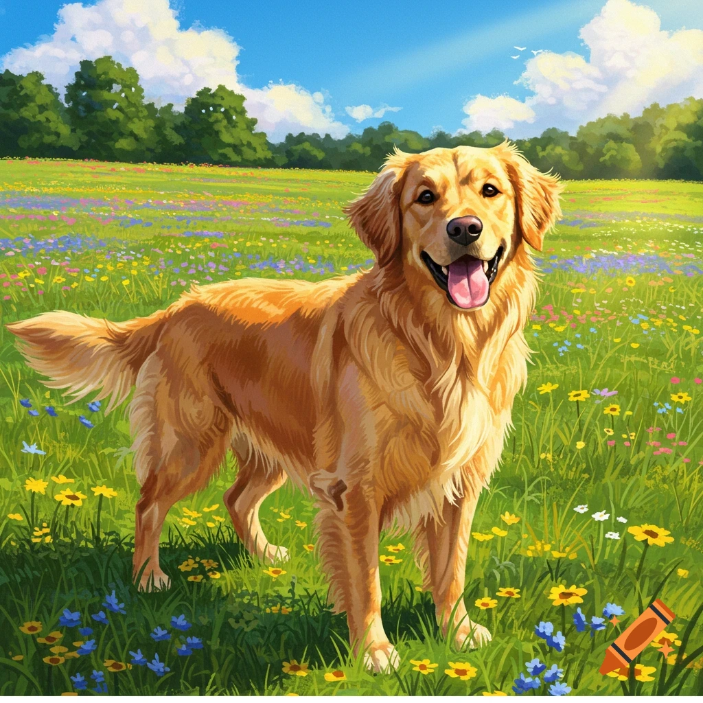 A happy golden retriever stands in a sunny field of colorful wildflowers, with green trees in the background.