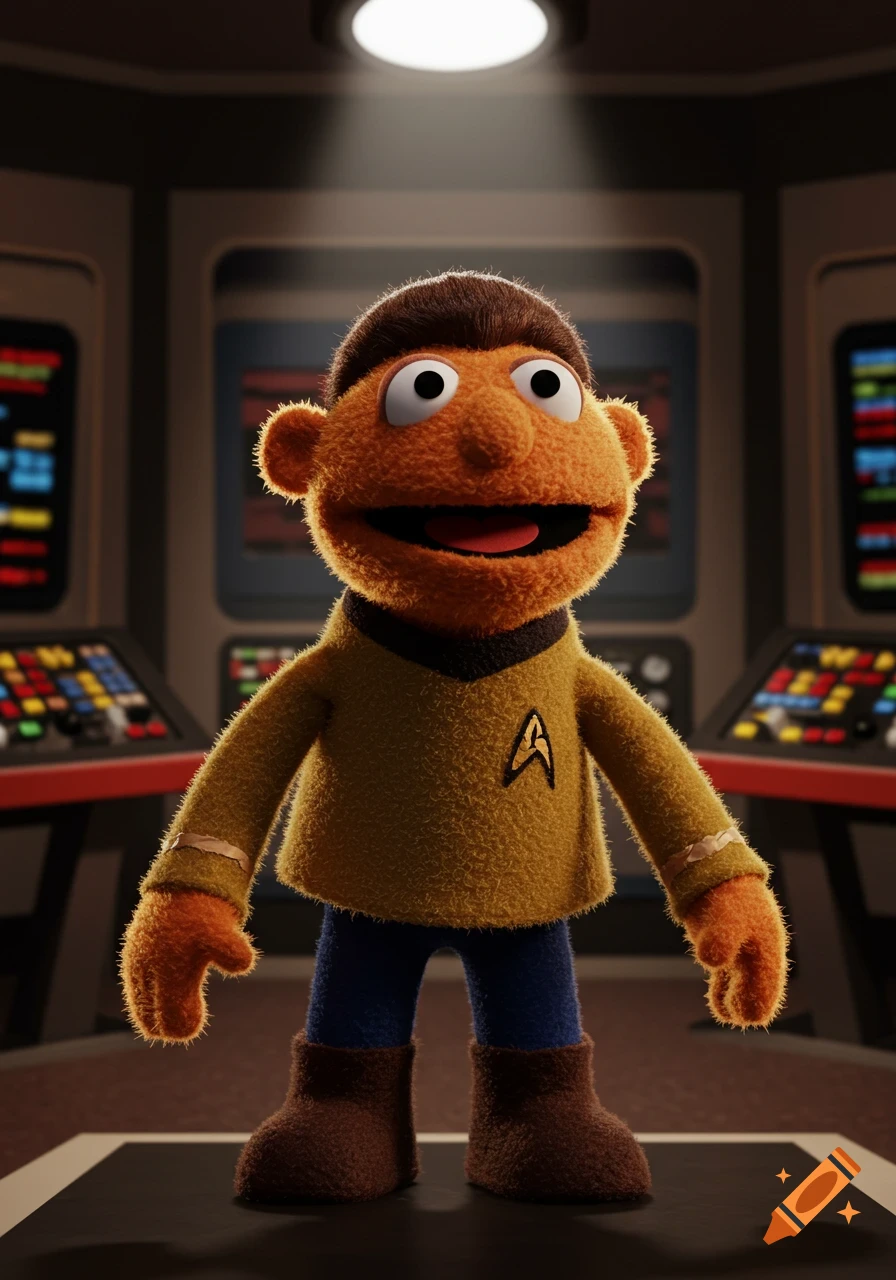A muppet character dressed as a Starfleet captain stands on a spaceship bridge.
