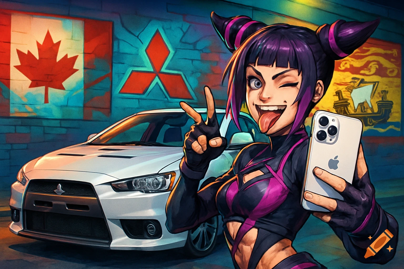 Anime character Juri from Street Fighter takes a selfie with an iPhone in front of a white Mitsubishi Lancer Evo 10. Graffiti of the Canadian flag, Mitsubishi logo, and New Brunswick flag are on the wall behind her.