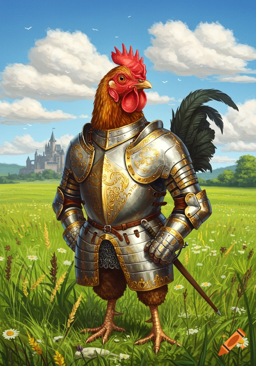 A proud rooster in shiny silver and gold armor stands in a green field with wildflowers and a distant castle under a blue sky.