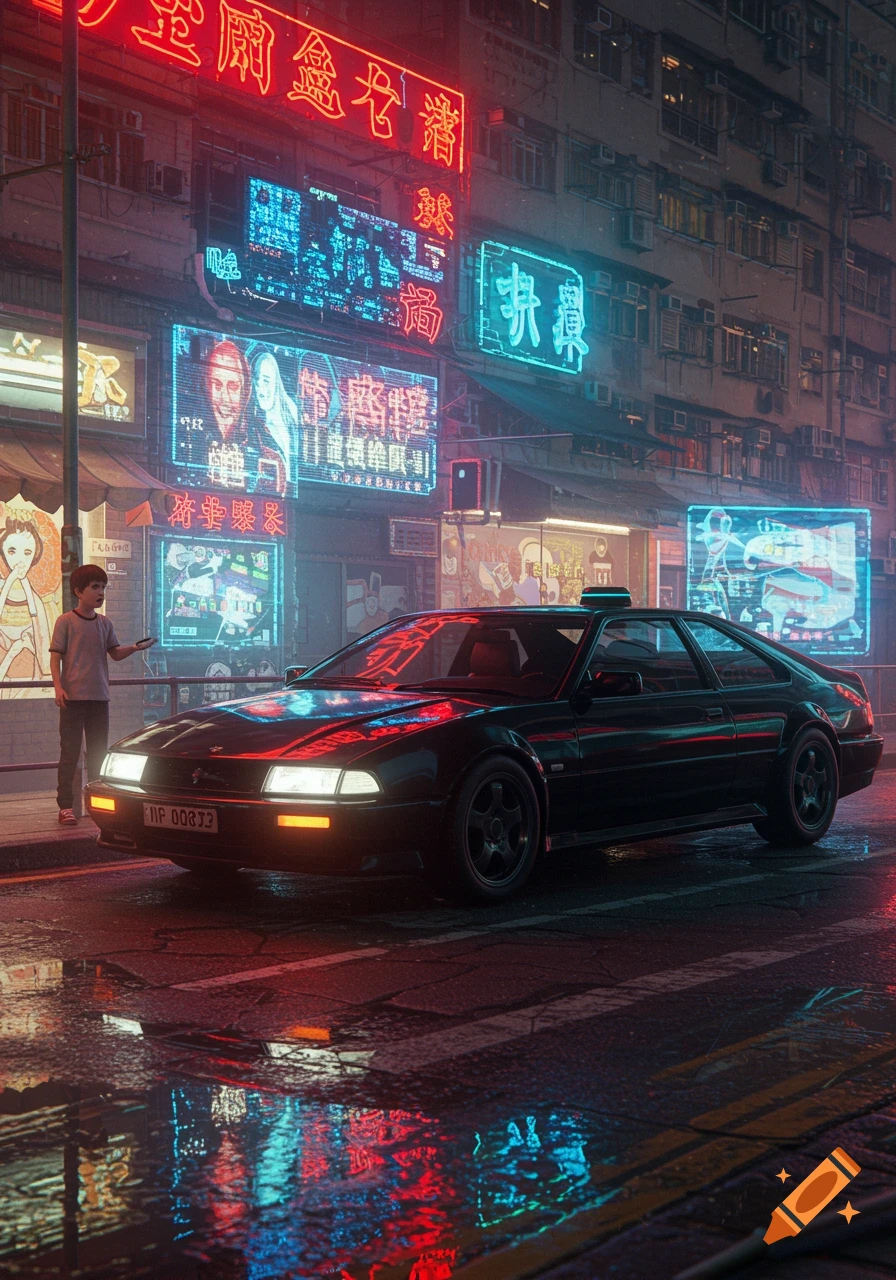 A mysterious black futuristic car with glowing headlights on a wet Hong Kong street at night, illuminated by red and blue neon signs. A young boy stands on the sidewalk next to the car.
