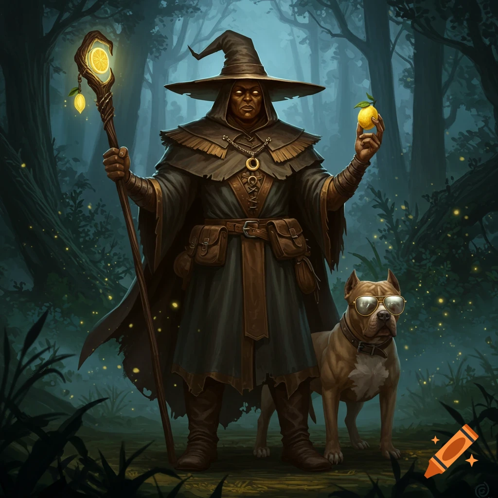 A dark-skinned warlock in a pointed hat and robes holds a glowing staff and a lemon in a magical forest, standing next to a pitbull wearing sunglasses.
