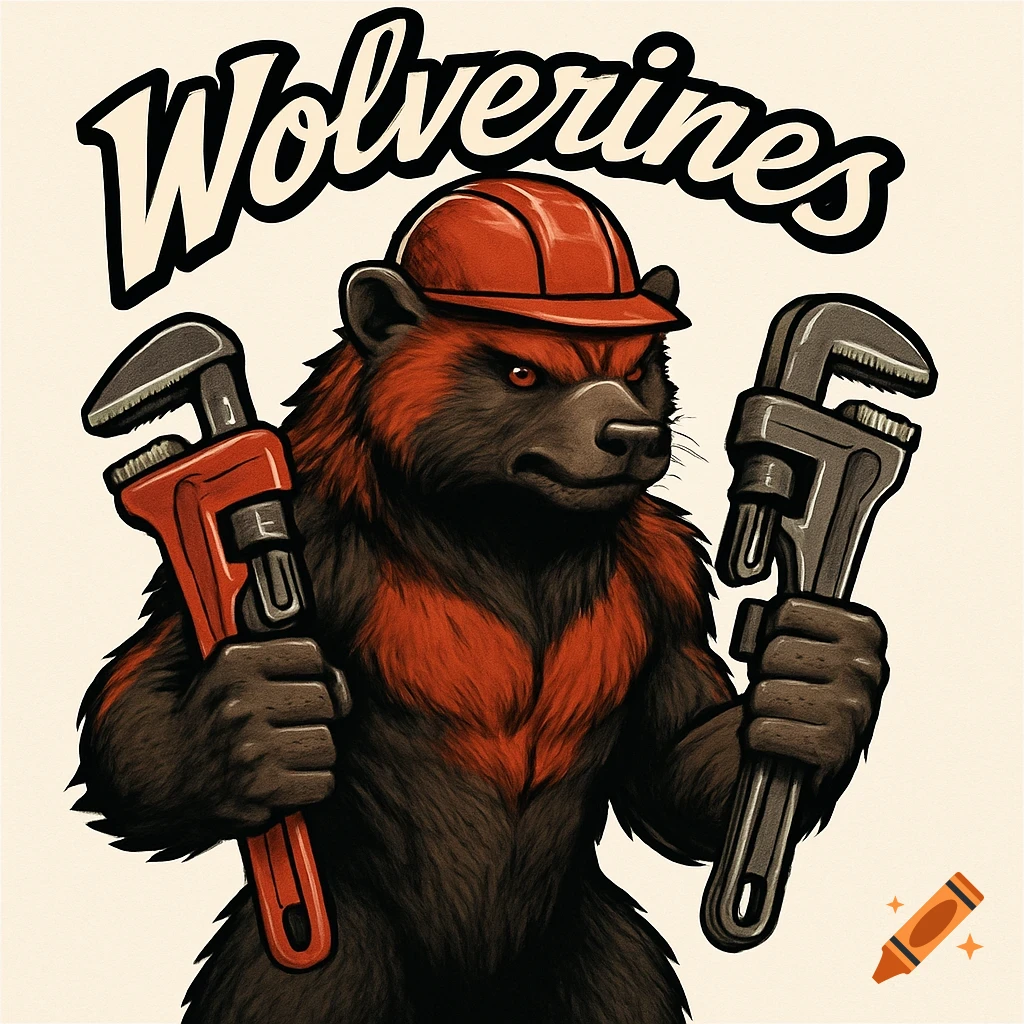 Cartoon wolverine mascot wearing a red hardhat, holding two pipe wrenches, with 'Wolverines' text above.